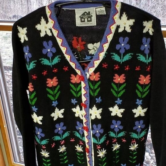 Storybook Knits Vintage Knitted Folkloric Garden Floral‎ ButtonSz M Cardigan - Picture 3 of 11